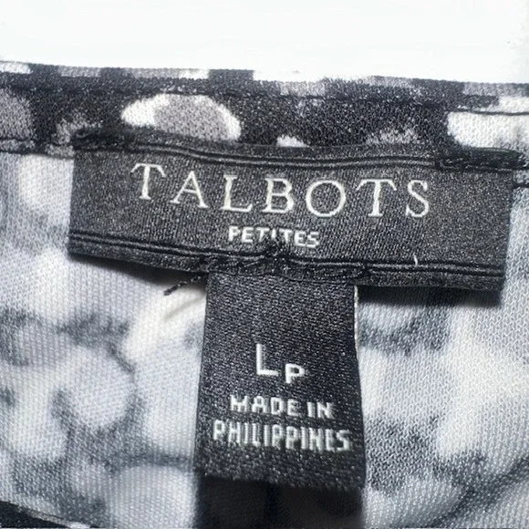 Talbots Knit Dress 3/4 Sleeve Faux‎ Wrap Black Gray White Print Dress Size LP - Picture 10 of 10